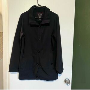 L.L. Bean black stretchy cotton sweatshirt material button front long jacket